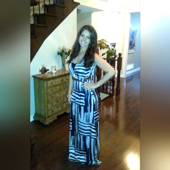 Costa Blanca Sleeveless V-Neck Maxi Dress Cream Black Striped S: Small - Picture 2 of 7